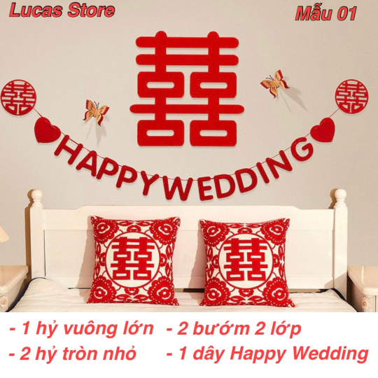 Trang Trí Tiệc Cưới  - Set Treo Song Hỷ - HAPPY WEDDING Trang Trí Phòng Cưới Thêm Sinh Động