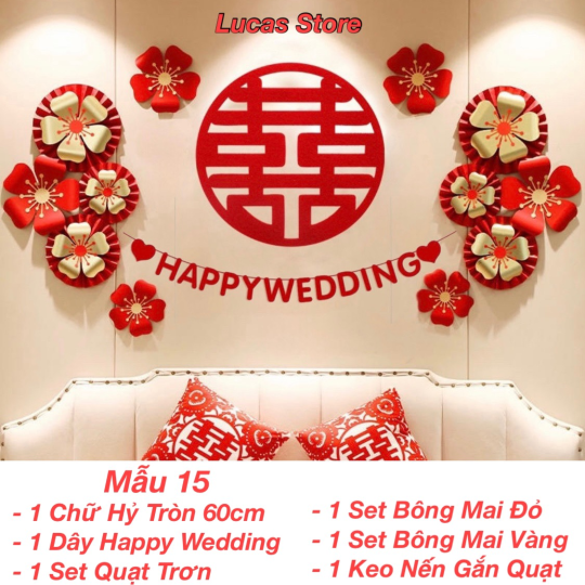 Trang Trí Tiệc Cưới  - Set Treo Song Hỷ - HAPPY WEDDING Trang Trí Phòng Cưới Thêm Sinh Động